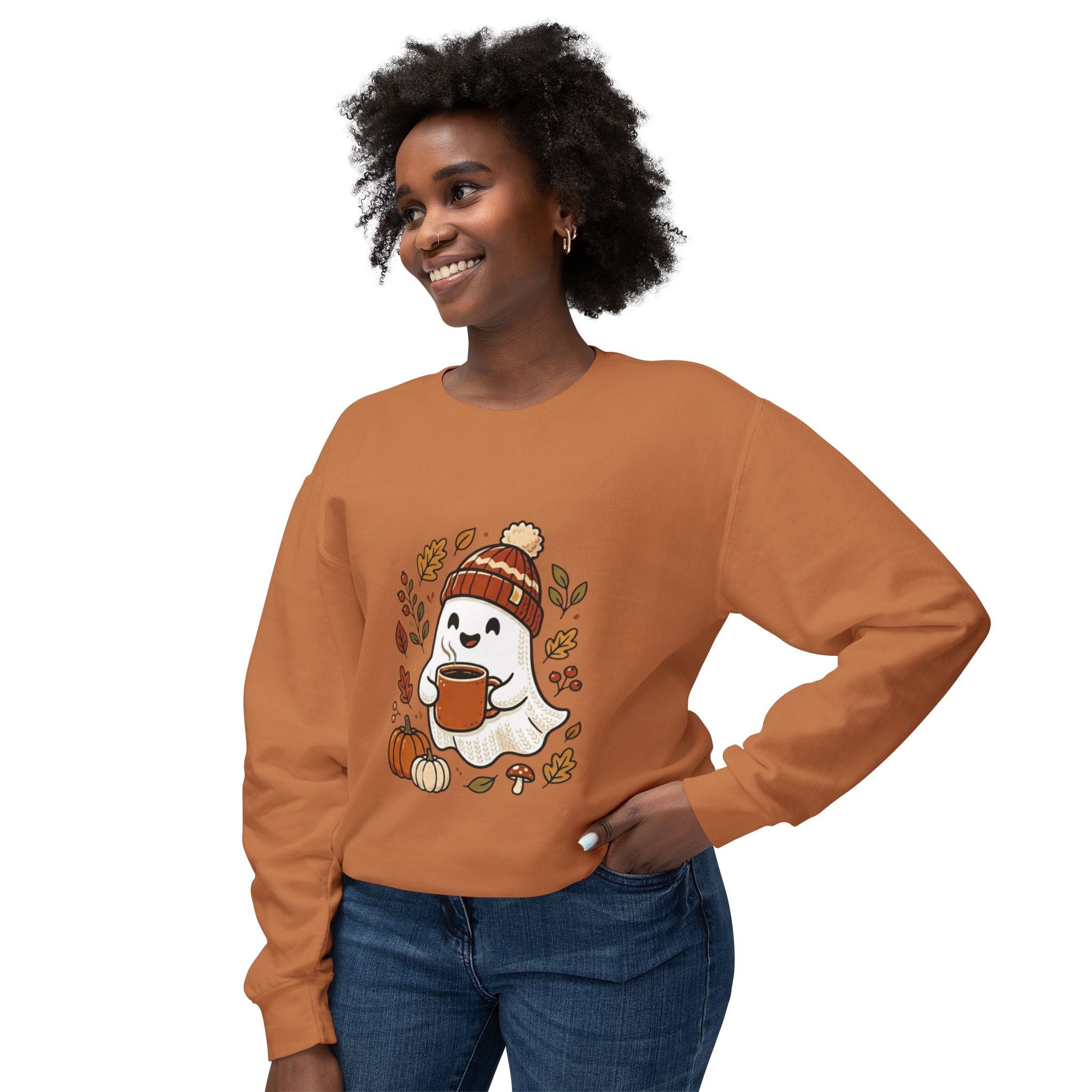 Autumn Cozy Ghost Sweatshirt – Pumpkin Spice Coffee Crewneck