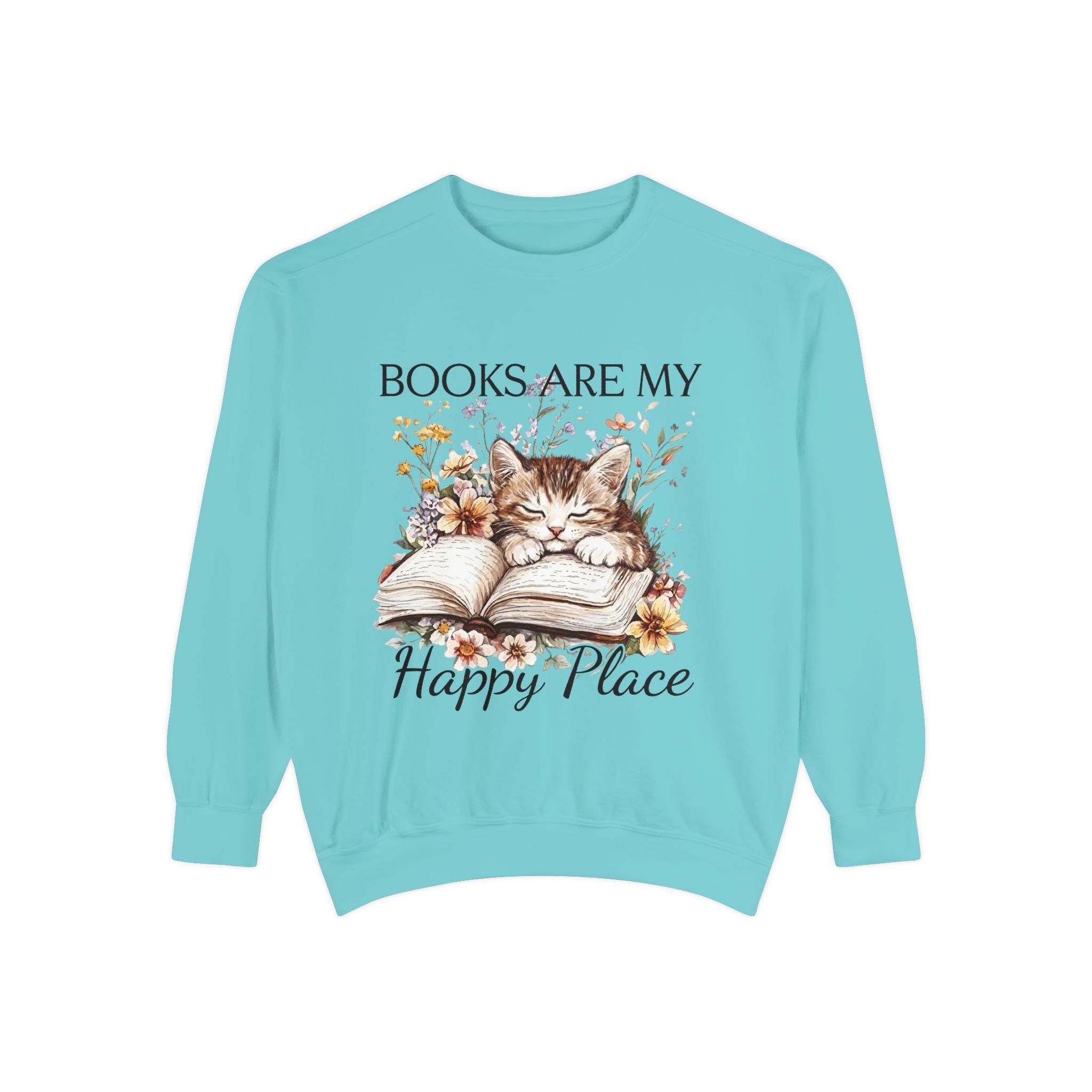 Books Are My Happy Place Sweatshirt — Cozy Cat Reading Crewneck