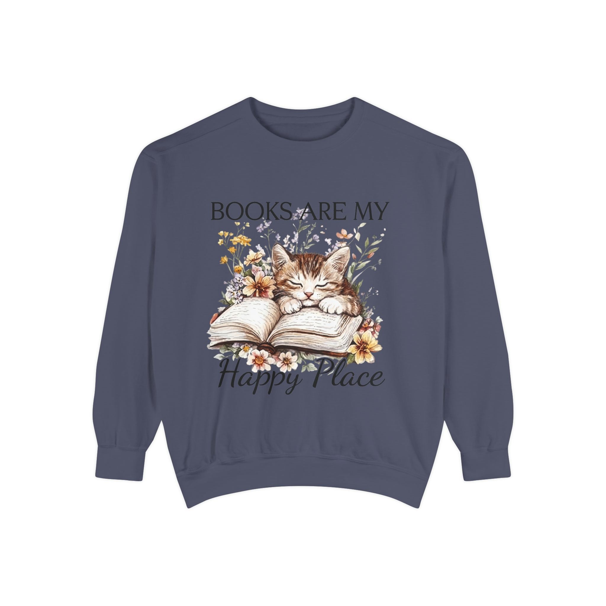 Books Are My Happy Place Sweatshirt — Cozy Cat Reading Crewneck