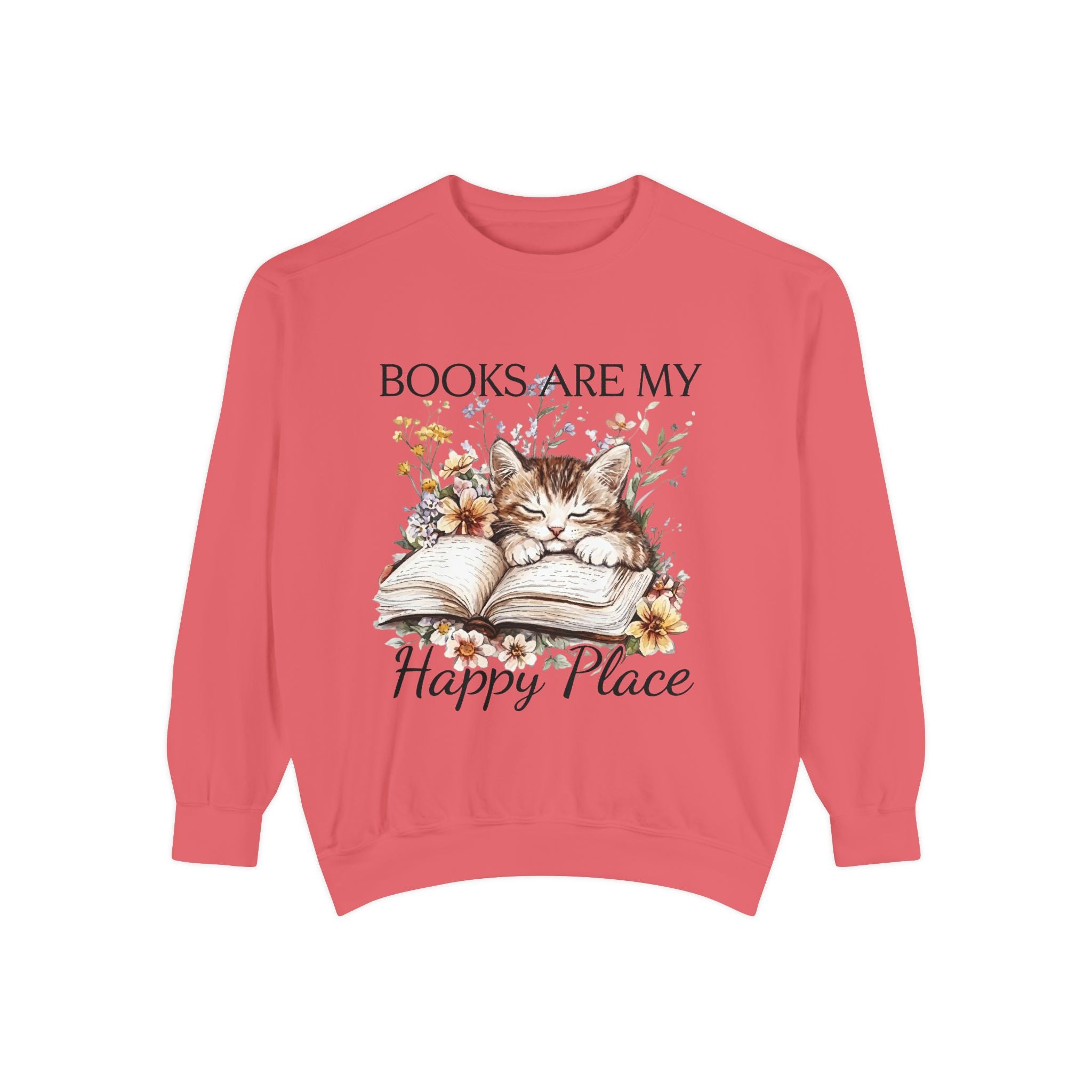 Books Are My Happy Place Sweatshirt — Cozy Cat Reading Crewneck