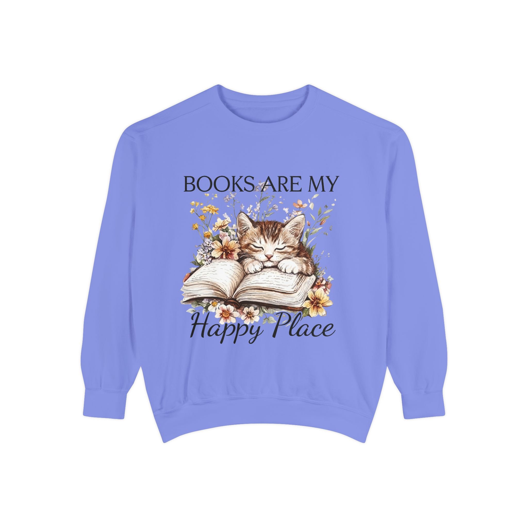Books Are My Happy Place Sweatshirt — Cozy Cat Reading Crewneck