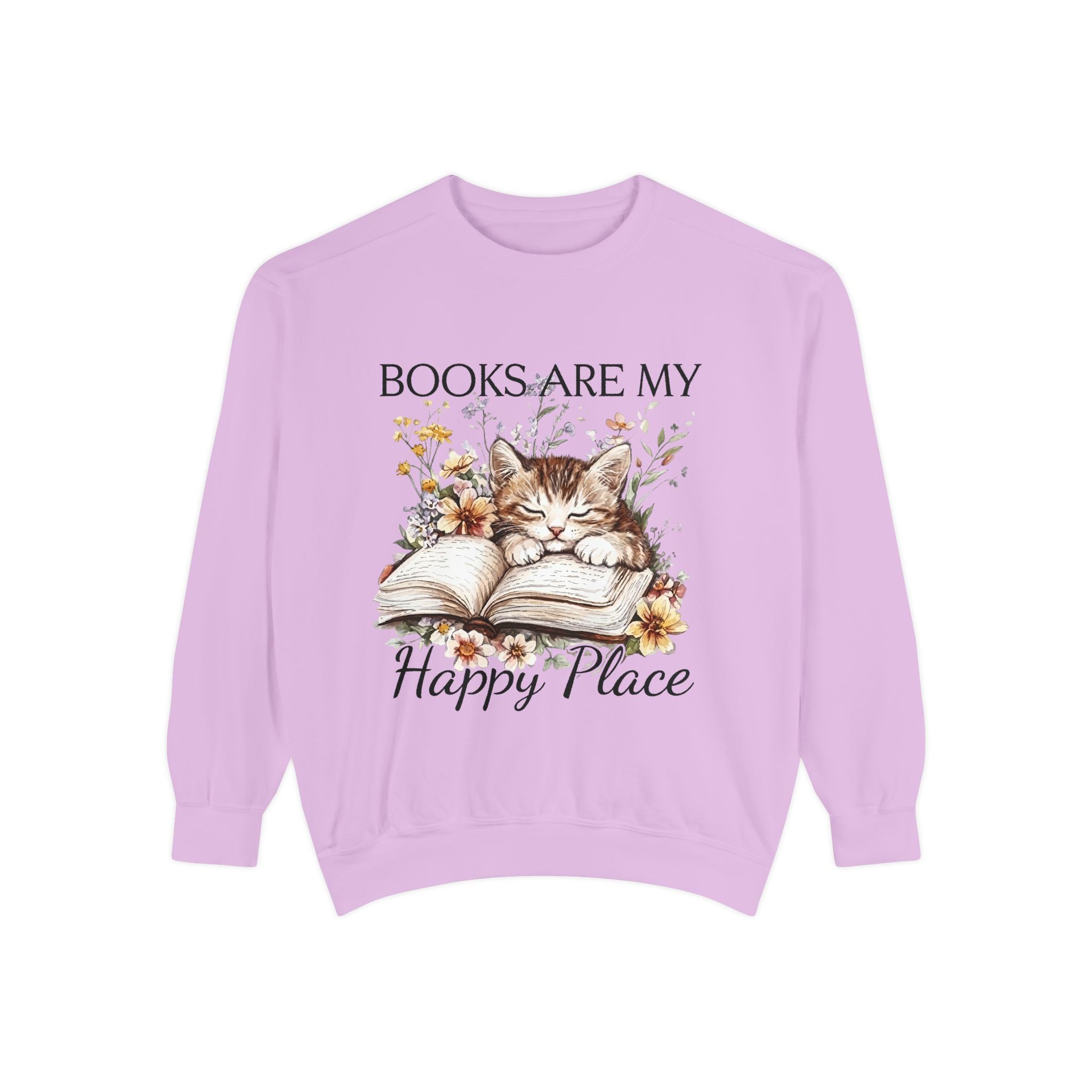 Books Are My Happy Place Sweatshirt — Cozy Cat Reading Crewneck