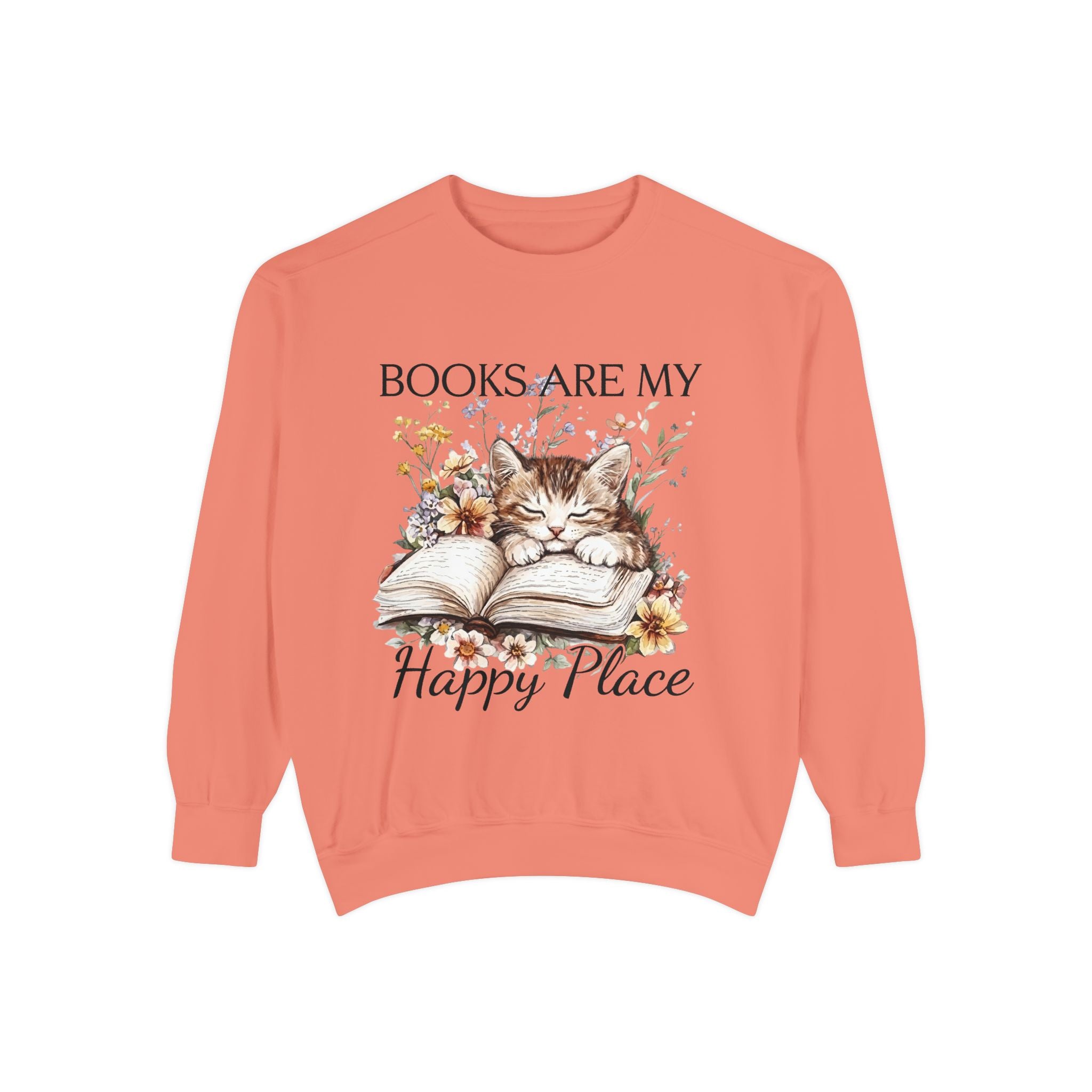 Books Are My Happy Place Sweatshirt — Cozy Cat Reading Crewneck