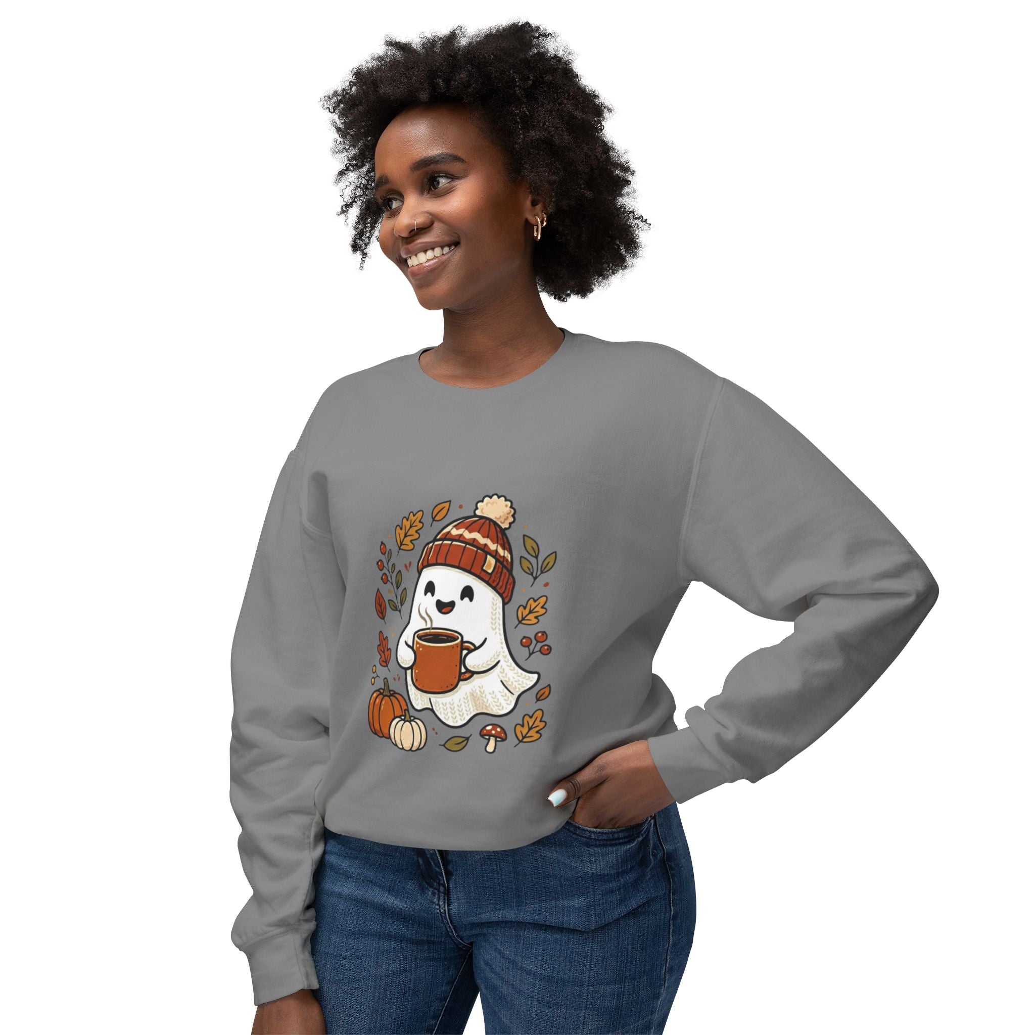 Autumn Cozy Ghost Sweatshirt – Pumpkin Spice Coffee Crewneck