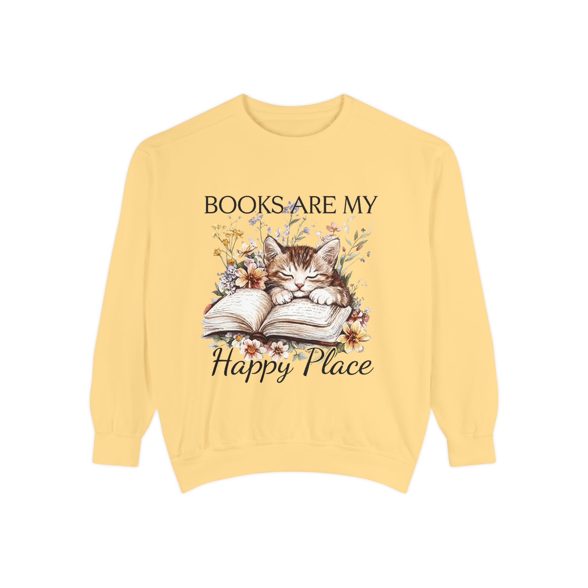 Books Are My Happy Place Sweatshirt — Cozy Cat Reading Crewneck