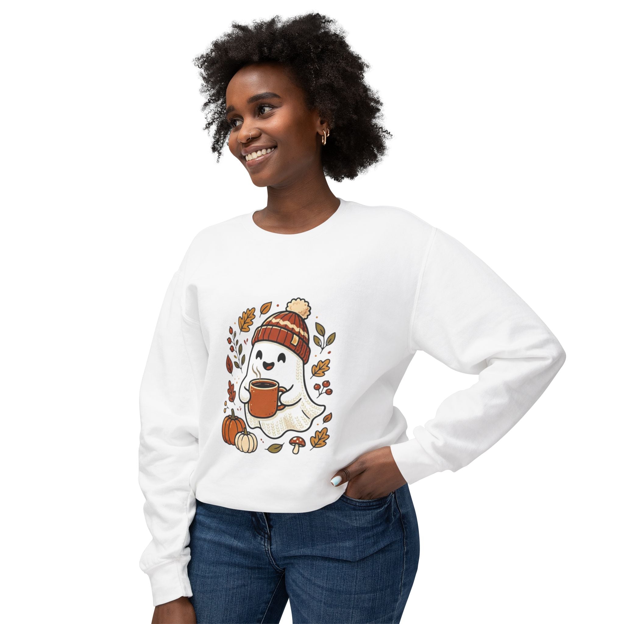 Autumn Cozy Ghost Sweatshirt – Pumpkin Spice Coffee Crewneck