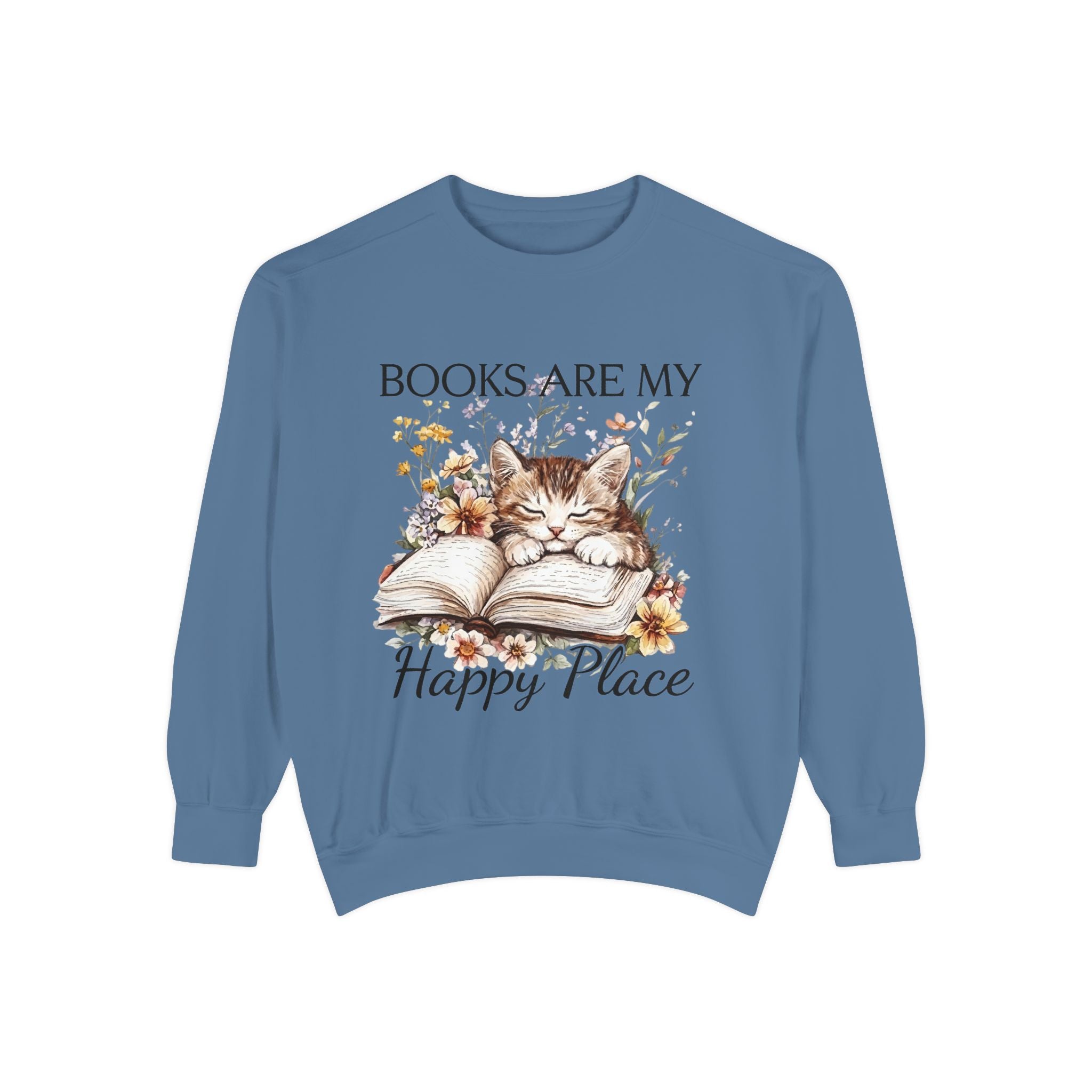Books Are My Happy Place Sweatshirt — Cozy Cat Reading Crewneck