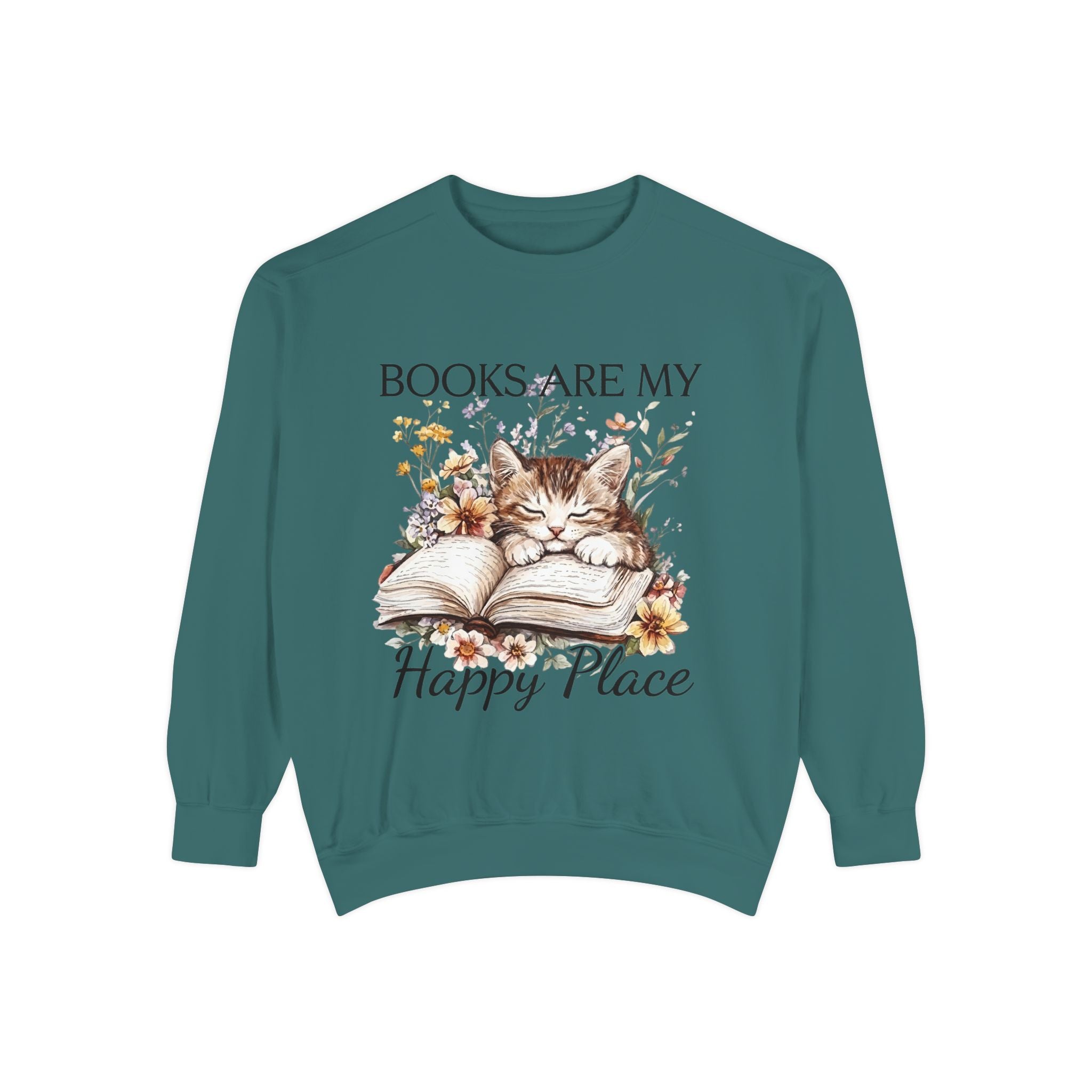 Books Are My Happy Place Sweatshirt — Cozy Cat Reading Crewneck