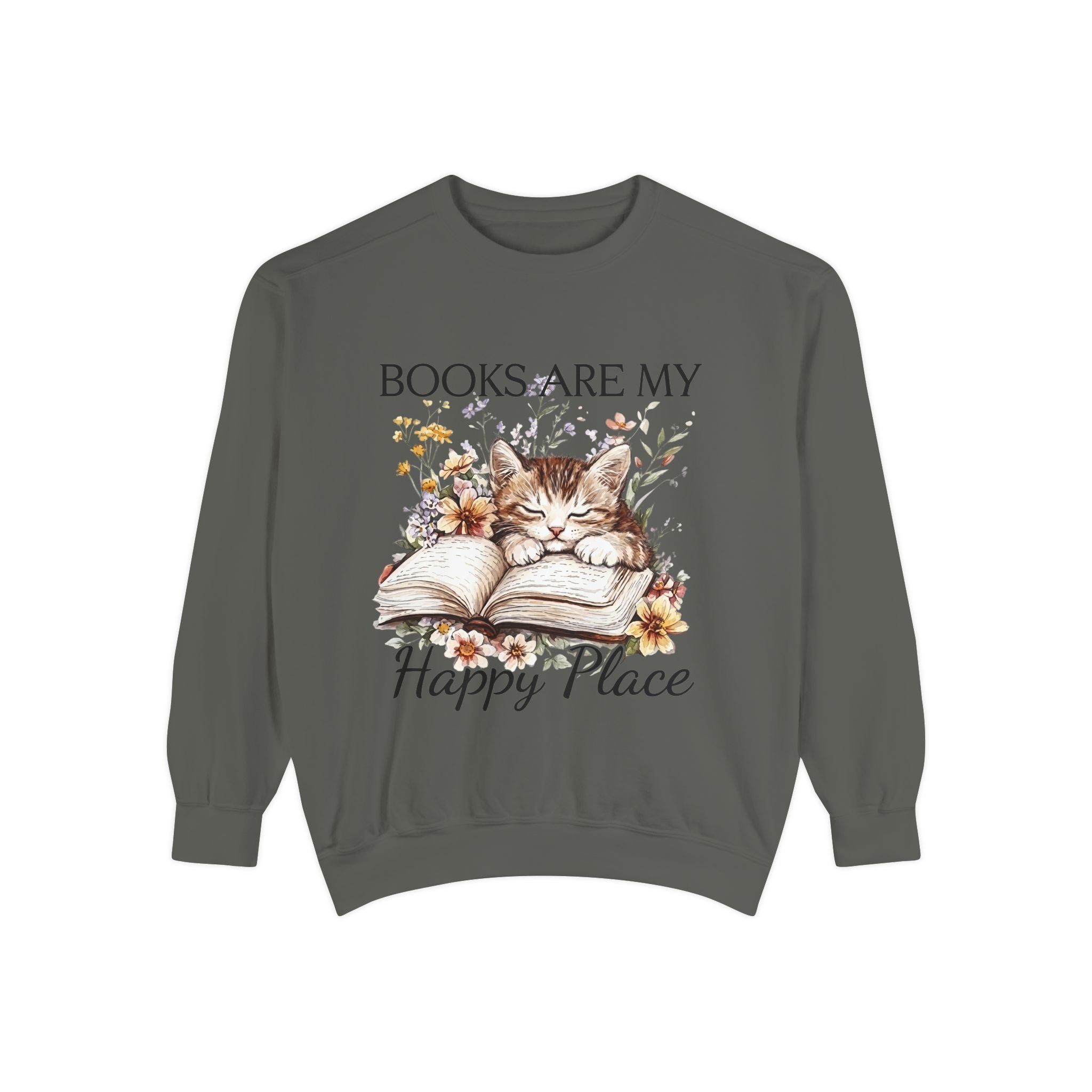 Books Are My Happy Place Sweatshirt — Cozy Cat Reading Crewneck
