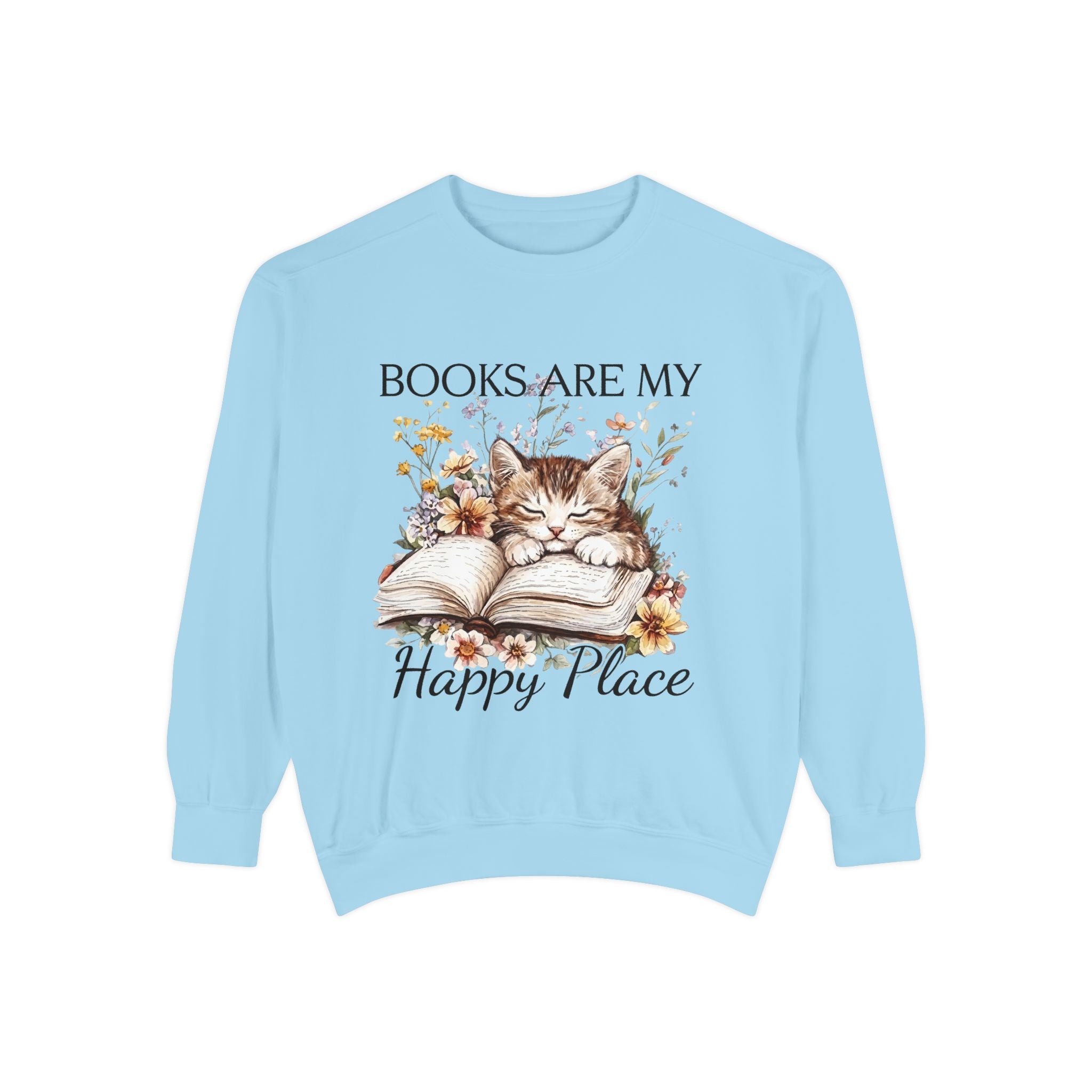 Books Are My Happy Place Sweatshirt — Cozy Cat Reading Crewneck