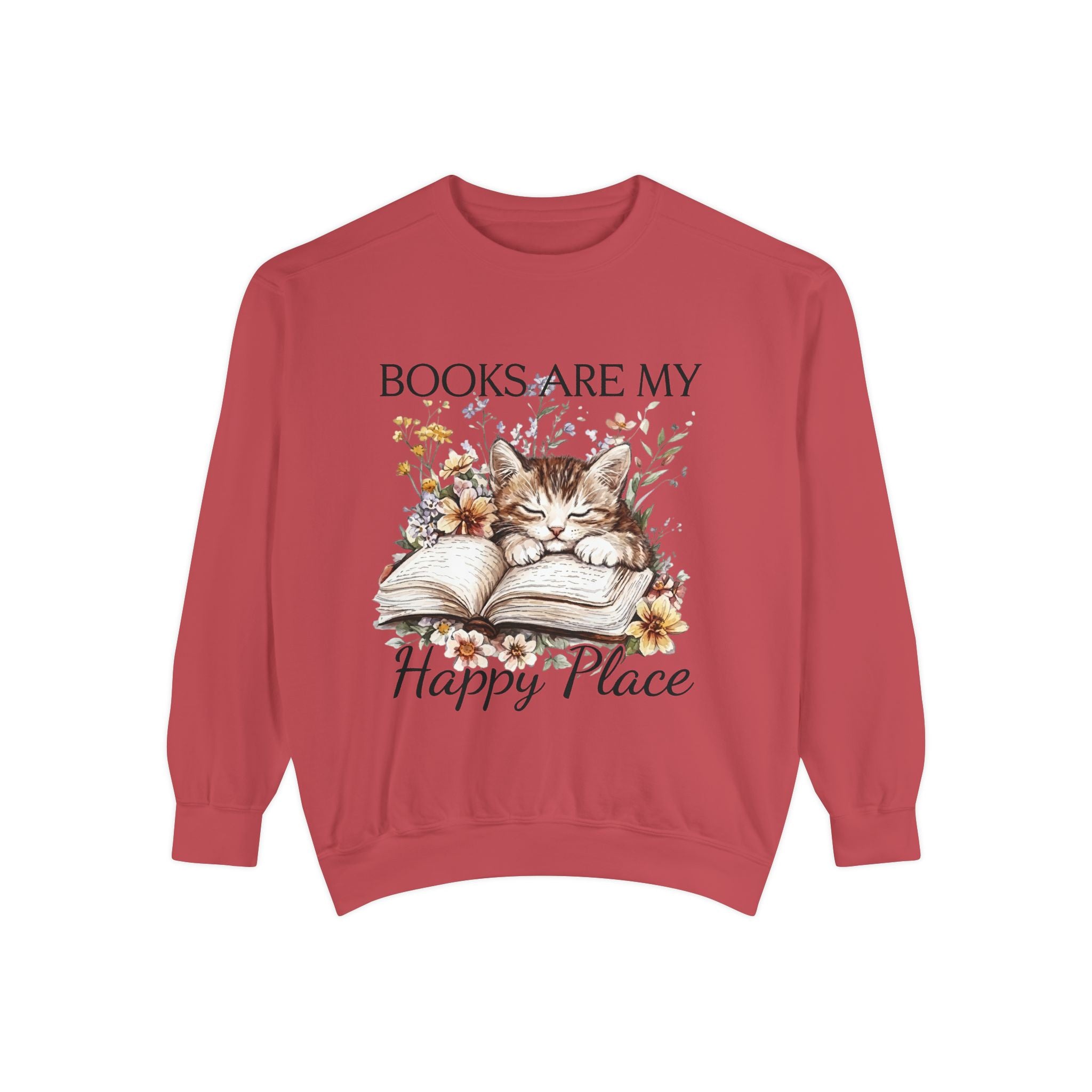 Books Are My Happy Place Sweatshirt — Cozy Cat Reading Crewneck