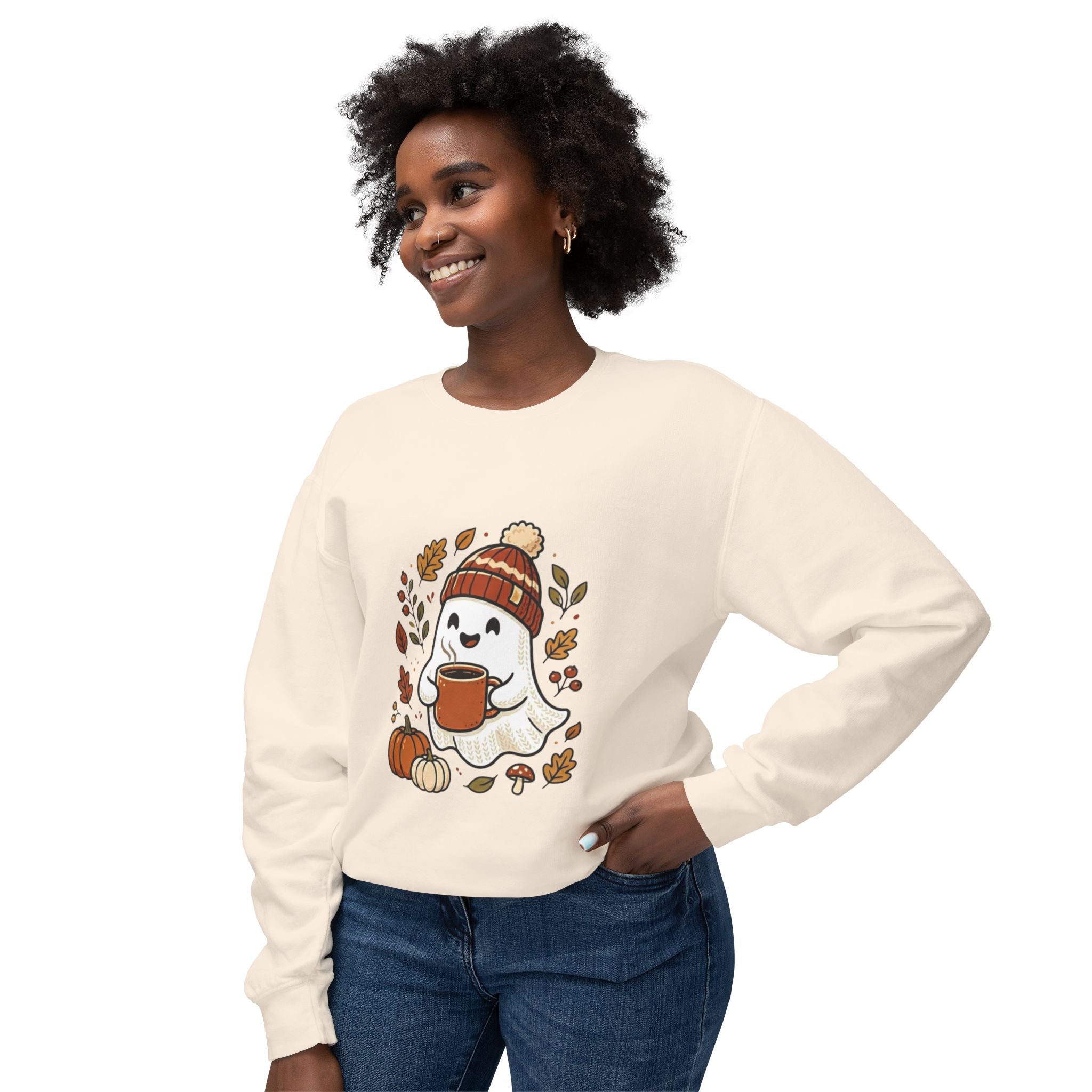 Autumn Cozy Ghost Sweatshirt – Pumpkin Spice Coffee Crewneck