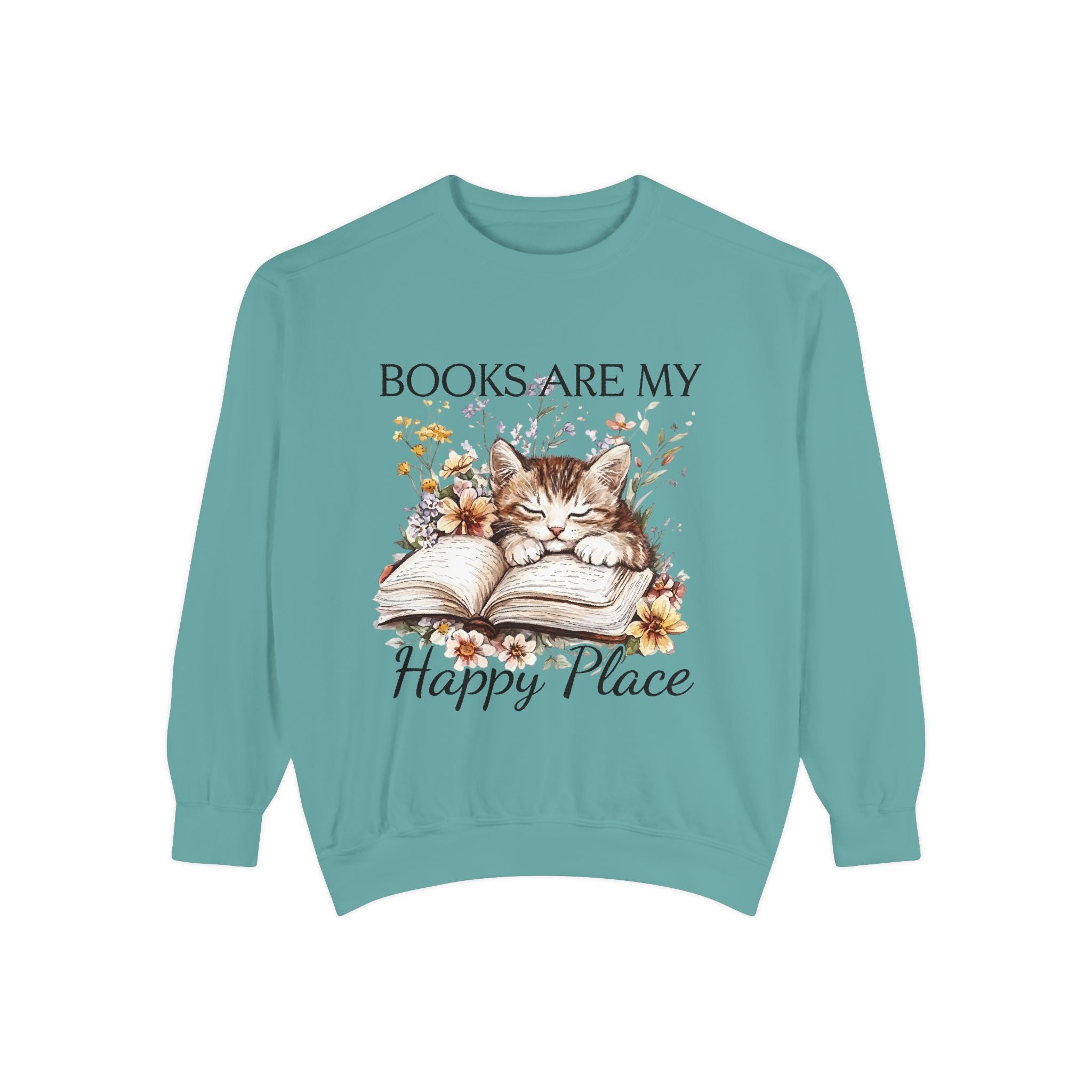 Books Are My Happy Place Sweatshirt — Cozy Cat Reading Crewneck