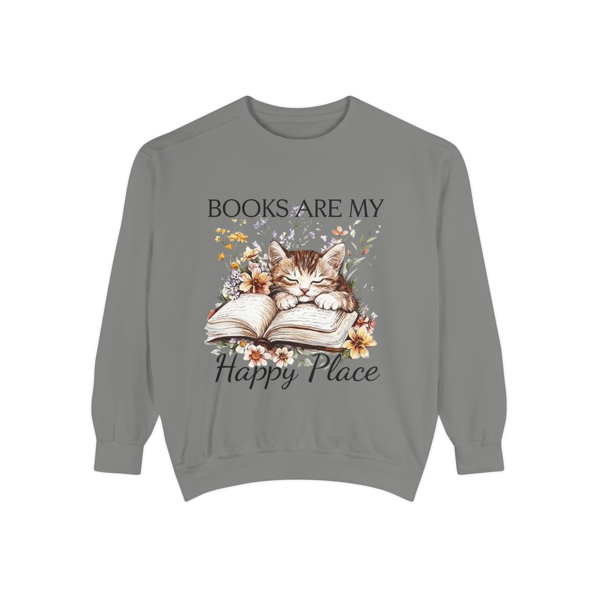 Books Are My Happy Place Sweatshirt — Cozy Cat Reading Crewneck