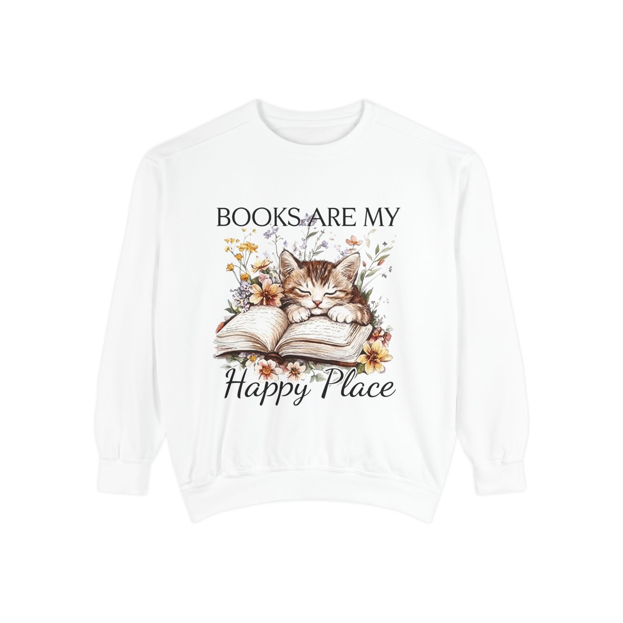 Books Are My Happy Place Sweatshirt — Cozy Cat Reading Crewneck