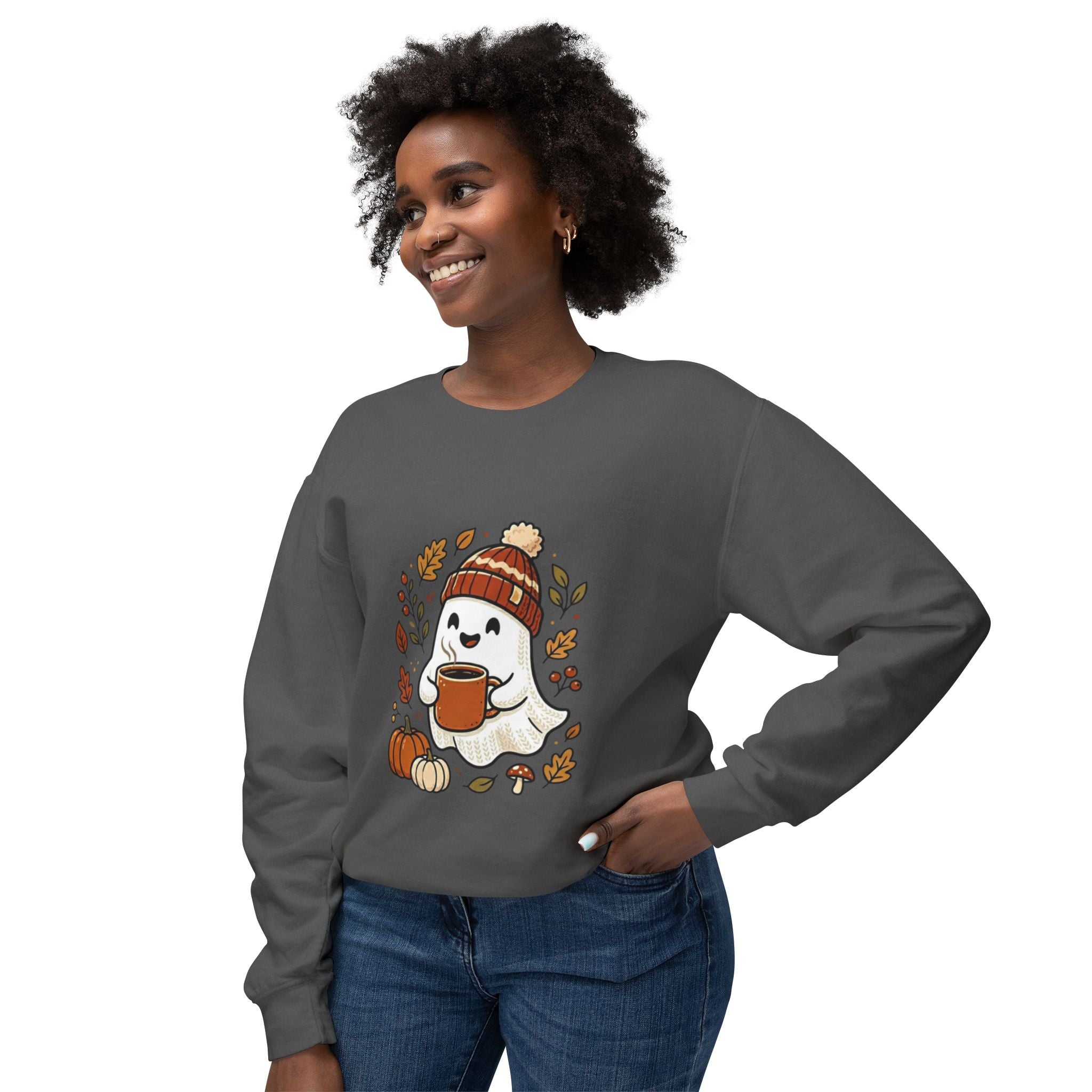 Autumn Cozy Ghost Sweatshirt – Pumpkin Spice Coffee Crewneck