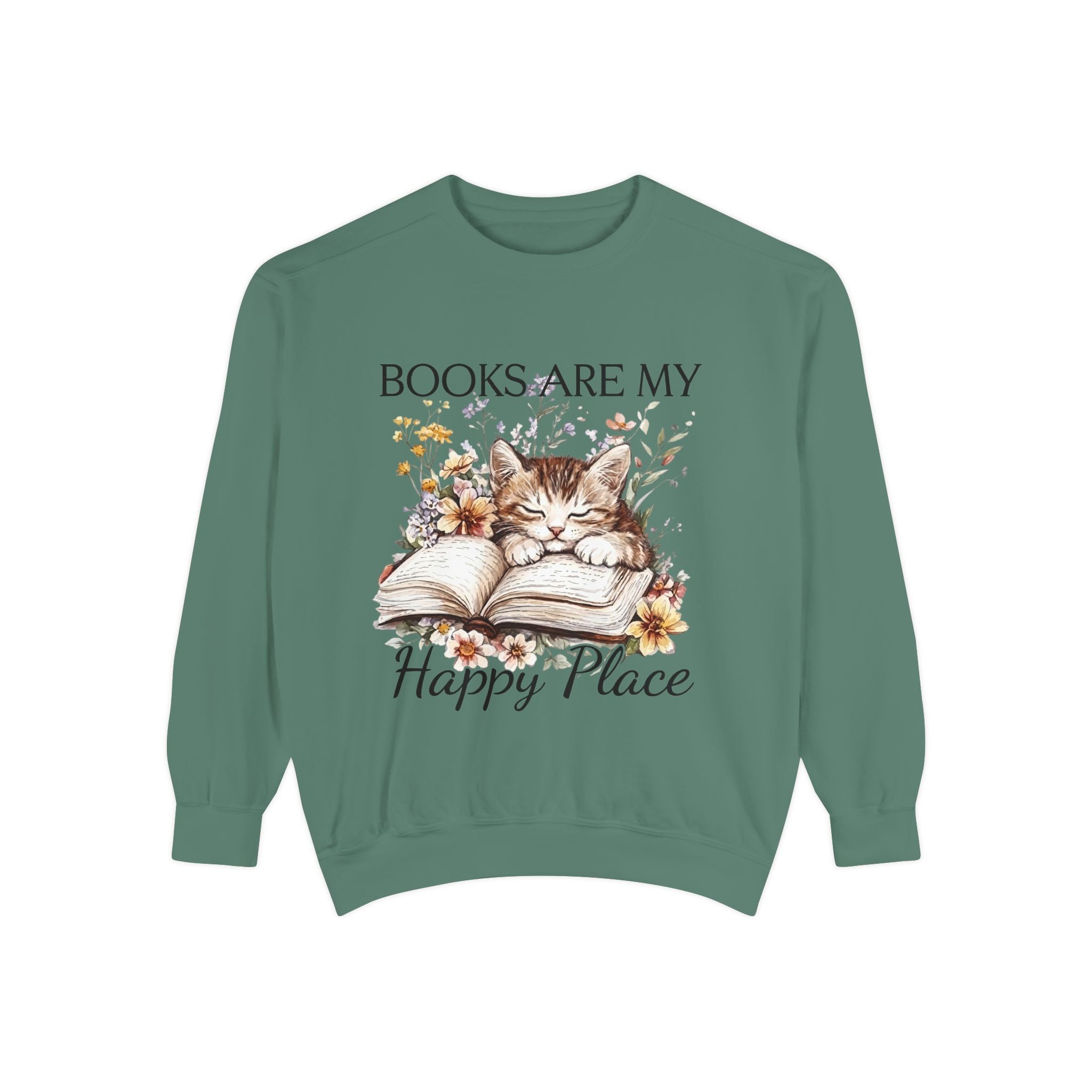 Books Are My Happy Place Sweatshirt — Cozy Cat Reading Crewneck